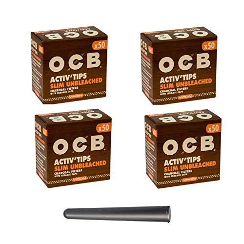 kogu OCB Activ Tips Slim Unbleached - Juego de 200 filtros de carbón activo (7 mm, 4 paquetes de 50 filtros de carbón activado, incluye funda)