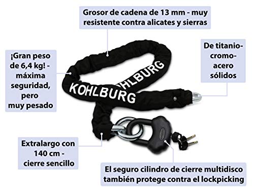 KOHLBURG sólido candado para Motocicleta con Cadena de Acero Especial de 13mm y 140cm de Longitud - con el máximo Nivel de Seguridad 10 sobre 10 - para Motocicleta y Bicicleta eléctrica