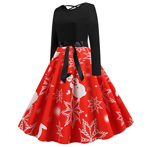 Komodo Mujer Vintage Manga Larga Una Línea Navidad Impreso 1950s 60s Ama de Casa Noche Cóctel Swing Party Retro Rockabilly Prom Vestido hasta la Rodilla con Lazo