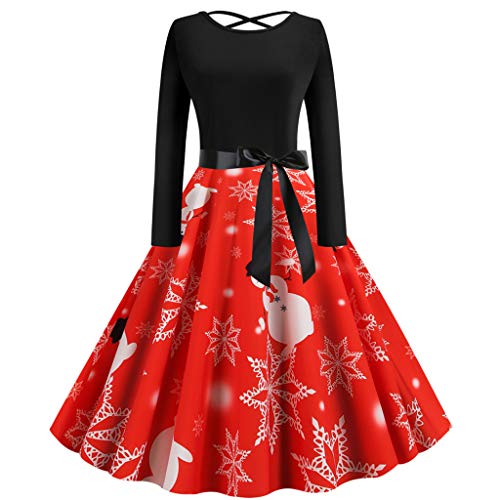 Komodo Mujer Vintage Manga Larga Una Línea Navidad Impreso 1950s 60s Ama de Casa Noche Cóctel Swing Party Retro Rockabilly Prom Vestido hasta la Rodilla con Lazo