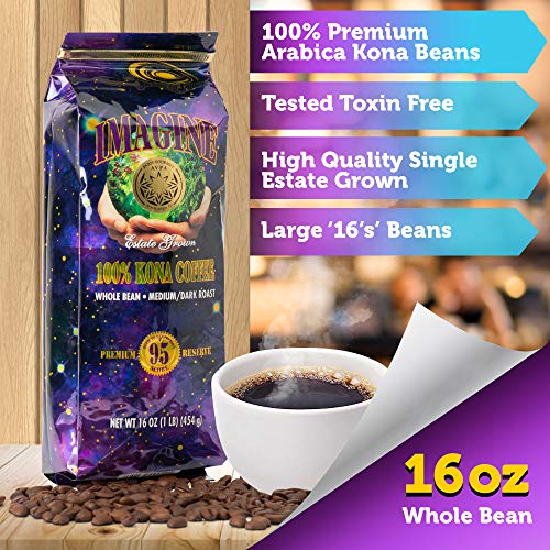 Kona Coffee Beans by Imagine - 100% Kona Hawaii - Medium Dark Roast Whole Bean - 16 oz Bag