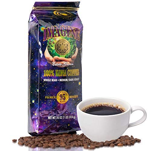 Kona Coffee Beans by Imagine - 100% Kona Hawaii - Medium Dark Roast Whole Bean - 16 oz Bag
