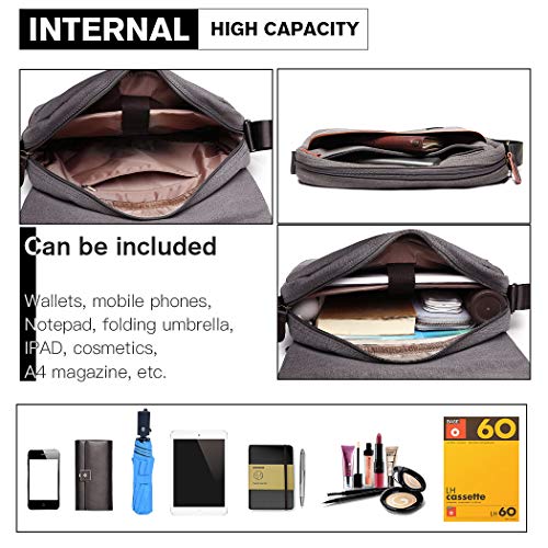 Kono Bolsa de mensajero de los hombres de lona Satchel portátil retro ligero de crossbody (Gris)