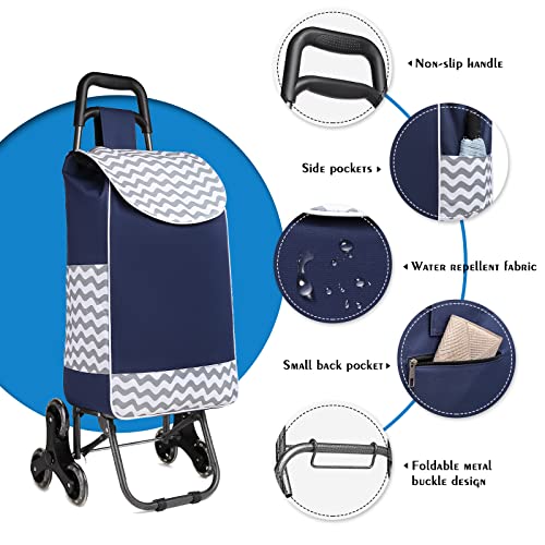 Kono Carro de la Compra Plegable con 6 Ruedas, Carrito de Compras para Subir Escaleras Resistente, Bolsa Impermeable de Poliéster, Capacidad de 31 litros (Azul Marino)