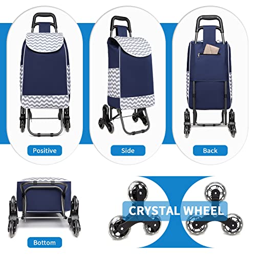 Kono Carro de la Compra Plegable con 6 Ruedas, Carrito de Compras para Subir Escaleras Resistente, Bolsa Impermeable de Poliéster, Capacidad de 31 litros (Azul Marino)