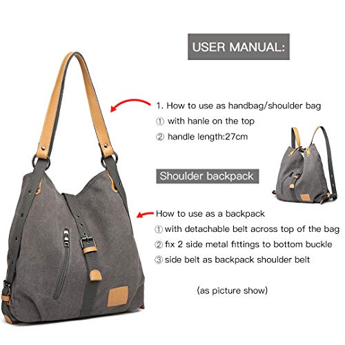 Kono Mochila de bandolera, bolsos de lona versátiles y multifuncionales para las mujeres niñas, elegantes bolsos cruzados, mochila duradera para viajes de gran capacidad para portátiles (Gris)