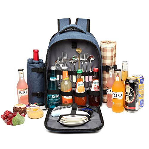 Kono Mochila de picnic para 4 personas con soporte de botella extraíble Portador de vino Mochila de almuerzo de picnic grande para acampar Barbacoa Actividades familiares al aire libre(Armada)