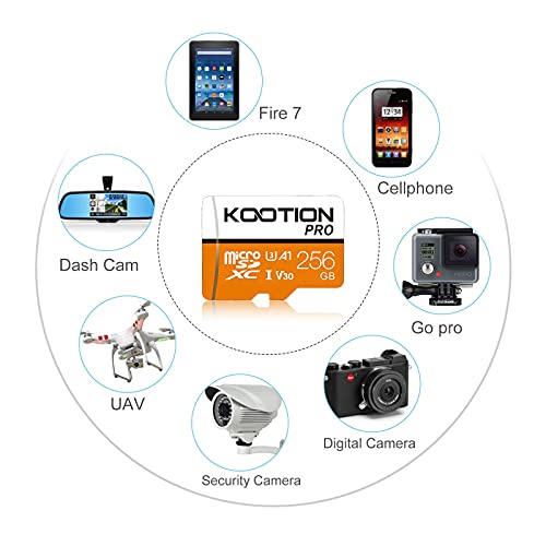 KOOTION Tarjeta de Memoria 256GB UHS-I Micro SD（U3 V30） Tarjeta SD Micro SDXC 256 Giga Memory Card Micro SD Card 256G con Adaptador para Móvil,Cámara Deportiva,Gopro