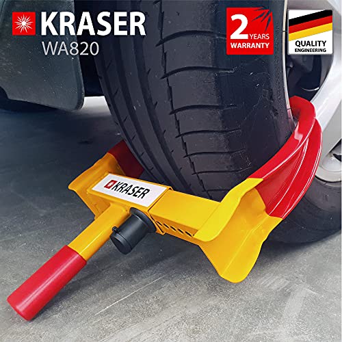 KRASER WA820 Cepo Antirrobo Rueda Coche Remolque Caravana Reforzado Universal Ajustable Protección PVP Cerradura antitaladro, Amarillo y Rojo