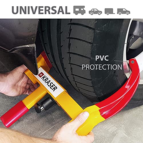 KRASER WA820 Cepo Antirrobo Rueda Coche Remolque Caravana Reforzado Universal Ajustable Protección PVP Cerradura antitaladro, Amarillo y Rojo