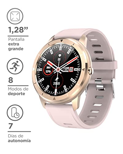 KSIX Reloj Inteligente Eclipse para Mujer Multideporte. Smartwatch Táctil 1.28” IPS Impermeable con Bluetooth. Pulsera de Actividad con Pulsómetro, Medidor de Presión Arterial y Oxígeno en Sangre