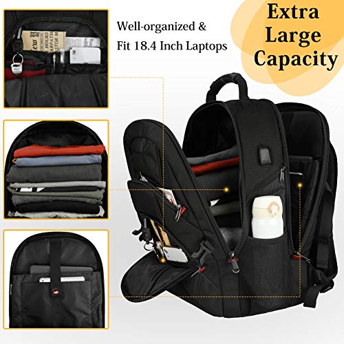 KTMOUW Mochila Portatil 17.3 Pulgadas Hombre Impermeable Mochilas Puerto USB 17 Pulgadas Trabajo Ordenador Viaje Negocio Multifuncional Mochila Daypacks Negro-18.4inch