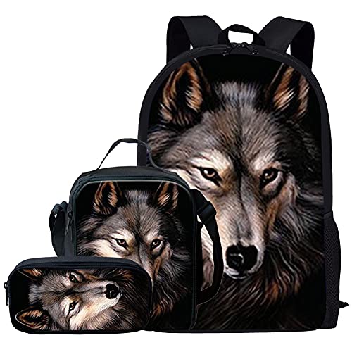 Kuiaobaty Juego de bolsa escolar para niñas y niños 3 en 1 con bolsa de almuerzo para escuela secundaria, Impresión de lobo, Talla única, Mochilas Daypack