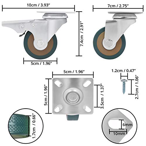 Kurtzy Ruedas Giratorias Resistentes para Muebles (Pack de 8) Ruedas de 50 mm, Tornillos, Frenos y Placas de Metal - Ruedas de Goma para Muebles, Carritos, Uso Industrial y Mover Muebles
