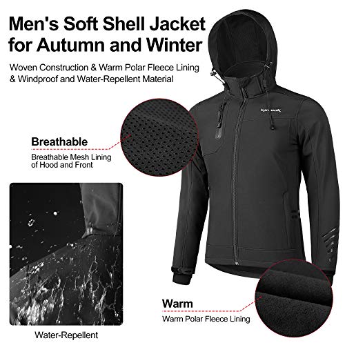 KUTOOK Chaqueta Softshell Hombre Invierno Forro Polar Ropa Cortavientos Impermeable con Capucha Extraíble para Montaña Trekking Senderismo Esquí Running, Etc(L)