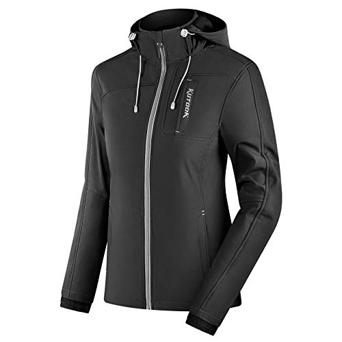 KUTOOK Chaqueta Softshell Mujer Invierno para SenderismoTrekking Montaña Escalada Esquí Roap Impermeable Cortavientos con Capucha Extraíble y Múltiples Bolsillos(Negro,M)