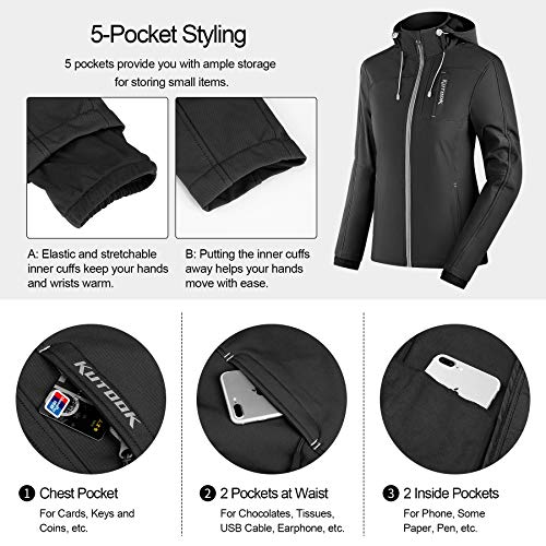 KUTOOK Chaqueta Softshell Mujer Invierno para SenderismoTrekking Montaña Escalada Esquí Roap Impermeable Cortavientos con Capucha Extraíble y Múltiples Bolsillos(Negro,S)