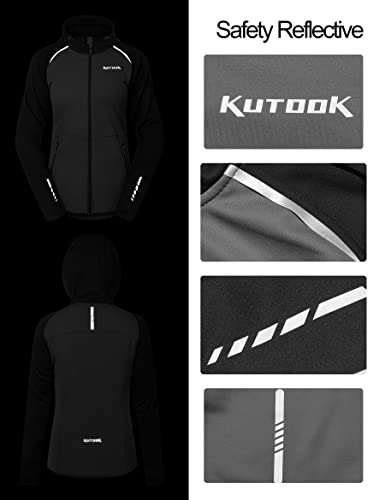 KUTOOK Cortavientos Chaqueta Softshell Mujer con Capucha de Invierno para Senderismo y al Aire Libre. Gris & Negro, L