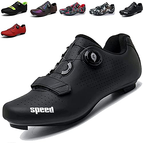 KUXUAN Hombre Zapatillas de Ciclismo Bicicleta de Pista con Vel. / SPD-SL + Hebilla de Rotación Rápida Calzado para Bicicleta Interior/Exterior,Black-38EU