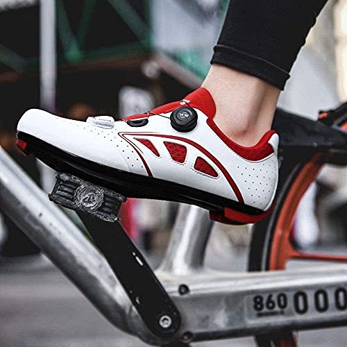 KUXUAN Zapatillas de Bicicleta de Carretera para Hombre Zapatillas de Ciclismo Transpirables Antideslizantes, Zapatillas Deportivas de Triatlón con Autobloqueo,White-5UK=(240mm)=38EU