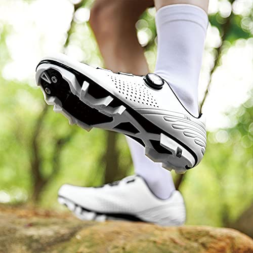KUXUAN Zapatillas de Ciclismo MTB Hombre Mujer - Primavera + Verano Mountain Road Bike Lock Shoes,Hebilla de Botón de Encaje Rápido,White-11UK=(275mm)=45EU