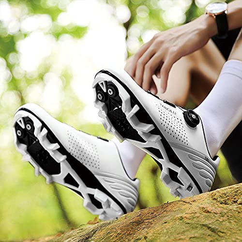 KUXUAN Zapatillas de Ciclismo MTB Hombre Mujer - Primavera + Verano Mountain Road Bike Lock Shoes,Hebilla de Botón de Encaje Rápido,White-11UK=(275mm)=45EU