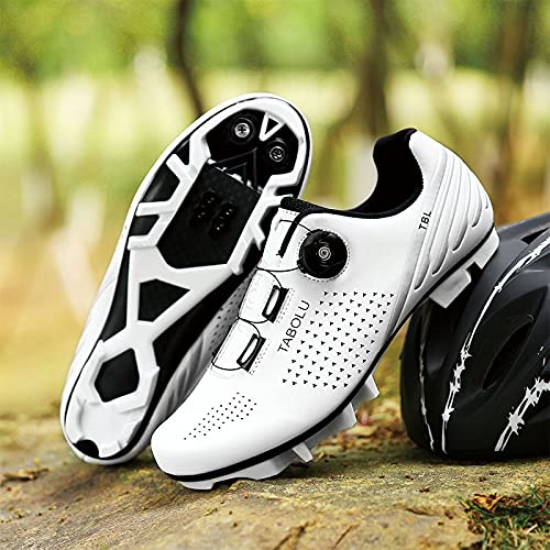 KUXUAN Zapatillas de Ciclismo MTB Hombre Mujer - Primavera + Verano Mountain Road Bike Lock Shoes,Hebilla de Botón de Encaje Rápido,White-11UK=(275mm)=45EU