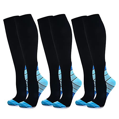 Kuzimua 3 Pares Calcetines/ Medias de Compresión para Hombres y Mujeres, Running, Deporte, Correr, Senderismo, Volar, Viajar, Varicosas, Embarazo y Médicos (Azul, l)