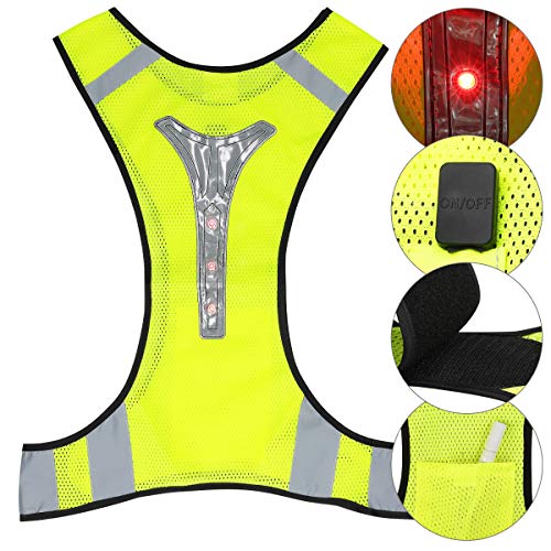 kwmobile Chaleco Reflectante con 3 Luces LED - Chaleco de Seguridad y Bandas Reflectantes en Amarillo - para Montar en Moto Bici Coche o Correr