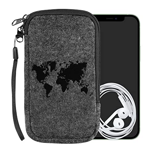 kwmobile Funda Universal Compatible con L - 6,5" - Carcasa de Fieltro con diseño Bordado y Cremallera - Mapa del Mundo Negro/Gris Claro