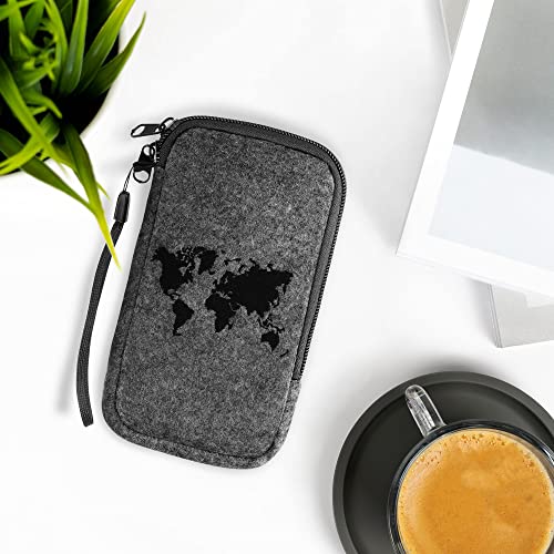 kwmobile Funda Universal Compatible con L - 6,5" - Carcasa de Fieltro con diseño Bordado y Cremallera - Mapa del Mundo Negro/Gris Claro