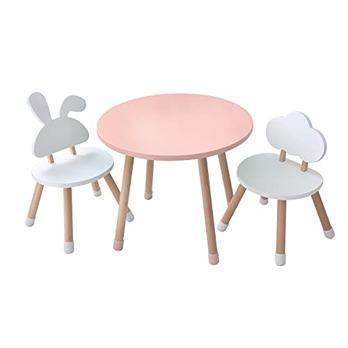 KYWAI-Juego de Mesa y Dos sillas Infantiles Muebles para niños De Madera Color Rosa y Blanco Mesa pequeña Redonda Estilo nordico Escritorio Infantil Dormitorio