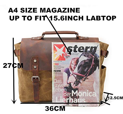 La bolsa de mensajero de los hombres Cuero Vintage lienzo bolsa de ordenador portatil impermeable bolso de lona encerada hombro maletín para Business Work School College uso diario Brown