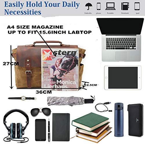 La bolsa de mensajero de los hombres Cuero Vintage lienzo bolsa de ordenador portatil impermeable bolso de lona encerada hombro maletín para Business Work School College uso diario Brown