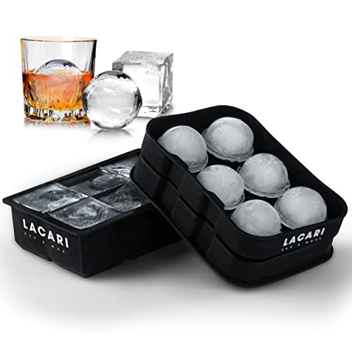 LACARI Bandeja de Hielo Grandes | Molde Bolas de Hielo de Silicona | 6x Cubos de Hielo Redondos y 6x Cuadrados | 45mm y 48mm Grandes | Bandeja para Cubos de Hielo para Bebidas y Cócteles | Sin BPA