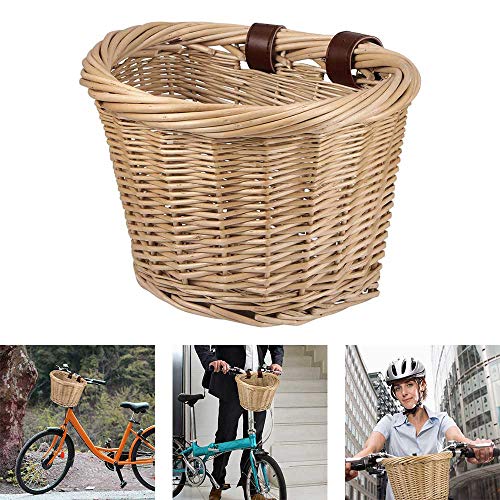 Laiashley Cesta de Mimbre para Bicicleta en Forma de D, Cesta de Manillar Delantera para Bicicleta, cestas de ratán con Correas de Cuero para Compras de Adultos, Picnic para niños