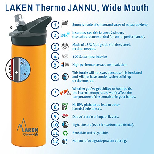 Laken Jannu Botella de Agua Térmica con Aislamiento de Vacío con Doble Pared de Acero Inoxidable 18/8. Hasta 24 Horas de Frío, Negro, 500 ml