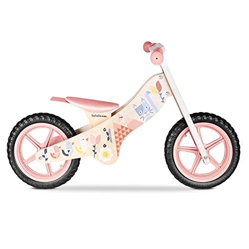 Lalaloom SPRING BIKE - Bicicleta sin pedales de madera para niños de 2 años (diseño con flores, andador para bebe, correpasillos para equilibrio, sillín regulable con ruedas de goma EVA), color Rosa
