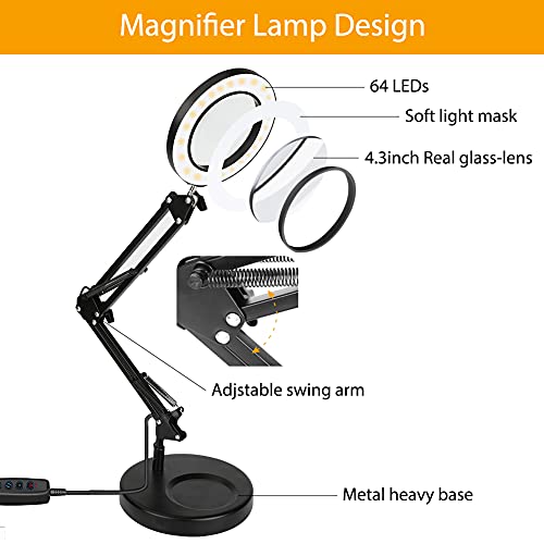 Lámpara de aumento LED 5X con luz Achort lámparas de lupa con abrazadera iluminadas alimentada por USB de 3 colores Bright regulables brazo giratorio ajustable para coser