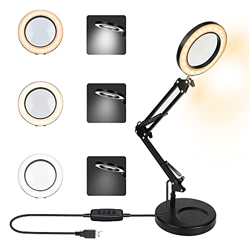 Lámpara de aumento LED 5X con luz Achort lámparas de lupa con abrazadera iluminadas alimentada por USB de 3 colores Bright regulables brazo giratorio ajustable para coser