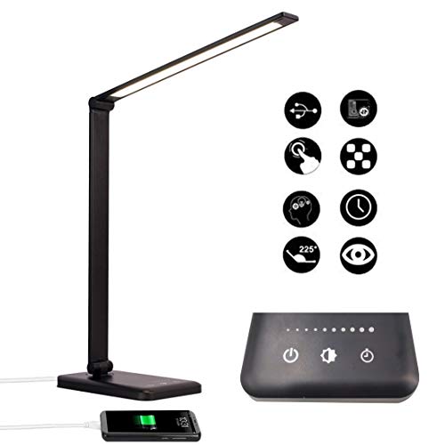 Lámpara Escritorio LED, Lámparas de Mesa USB Recargable con Temporizador, Plegable Luz con 5 Modos &5 Niveles de Brillo, Lámpara de Oficina Control Táctil Cuidado Ocular para Estudio Lectura, Negro