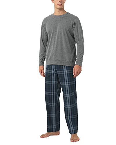 LAPASA Conjunto de Pijama Hombre Camiseta con Manga Larga y Pantalón Largo para Dormir Set de Pijama para Casa M108 S Gris+Azul Marino y Azul