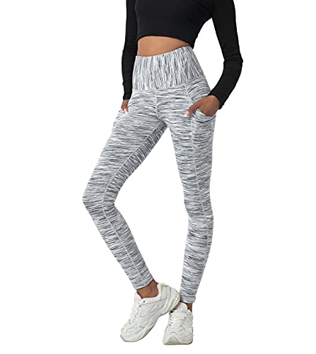 LAPASA Leggins Mujer con Bolsillos Laterales Cintura Alta Pantalón Deportivo Yoga y Ejercicio Mallas de Deporte Elástico Leggings Largo Push Up L01B1 XS Blanco+Gris