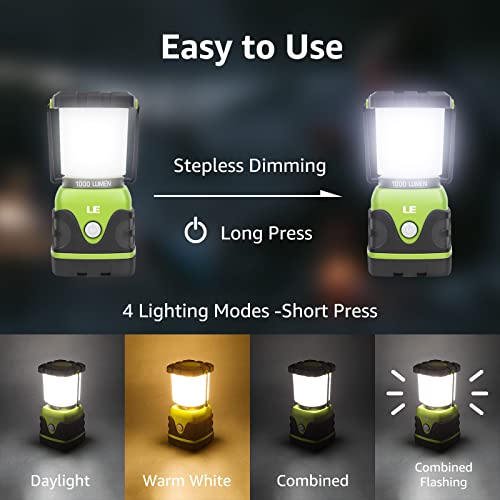 LE Linterna de Camping, Farol de Camping Regulable 1000 Lumen, 4 Modos Luz de Emergencia, Luces de Tienda Resistentes al Agua para Camping, Senderismo, Pesca, Cortes de Energía, 3 * D con Pilas