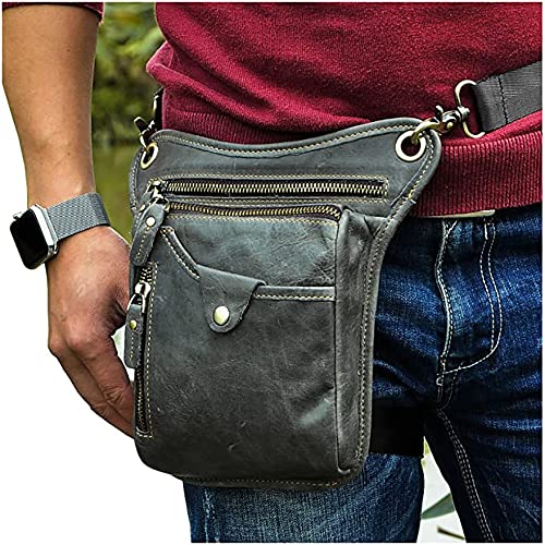 Le'aokuu Para Hombre Cuero Genuino Motocicleta Pesca Táctica Hip Bum Fanny Cinturón Paquete de la Cintura Gota Pierna Bolsa de Muslo Bolsa de Mensajero 211-5 (211-5 Gris 2)