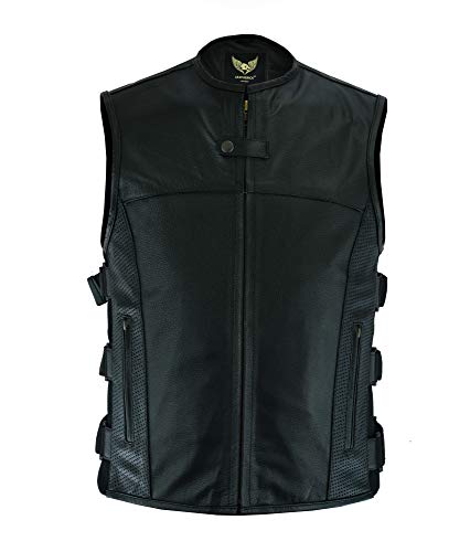 Leatherick Chaleco tipo de cuero de motociclista de grano superior estilo táctico SWAT para hombre con bolsillo profundo y paneles de bolsillo perforados