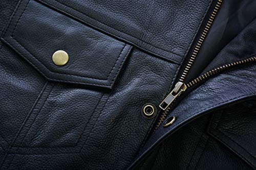 Leatherick SOA Chaleco de motociclista de cuero genuino para hombre, botones abiertos para montar y corte de moda estilo chaleco, con bolsillos profundos