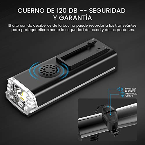 LED Luz Delantera Bicicleta,Luces Bicicleta Recargable USB Ultrabrillante Con Bocina de Bicicleta Electrónica IPX5 a Prueba de Agua, 4 Modos de Iluminación,Apto para Todas Las Bicicletas