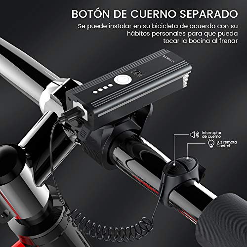 LED Luz Delantera Bicicleta,Luces Bicicleta Recargable USB Ultrabrillante Con Bocina de Bicicleta Electrónica IPX5 a Prueba de Agua, 4 Modos de Iluminación,Apto para Todas Las Bicicletas