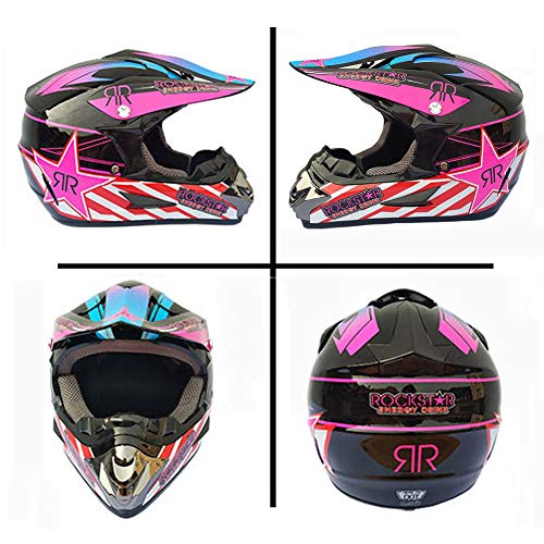 LEENY Casco de Motocross - Cascos de Motos con Gafas Guantes Máscara - Cuatro Estaciones Unisex, Cascos de Cross Motocicleta Off-Road Enduro Cascos para Adulto Hombres Mujeres,Rosado,M